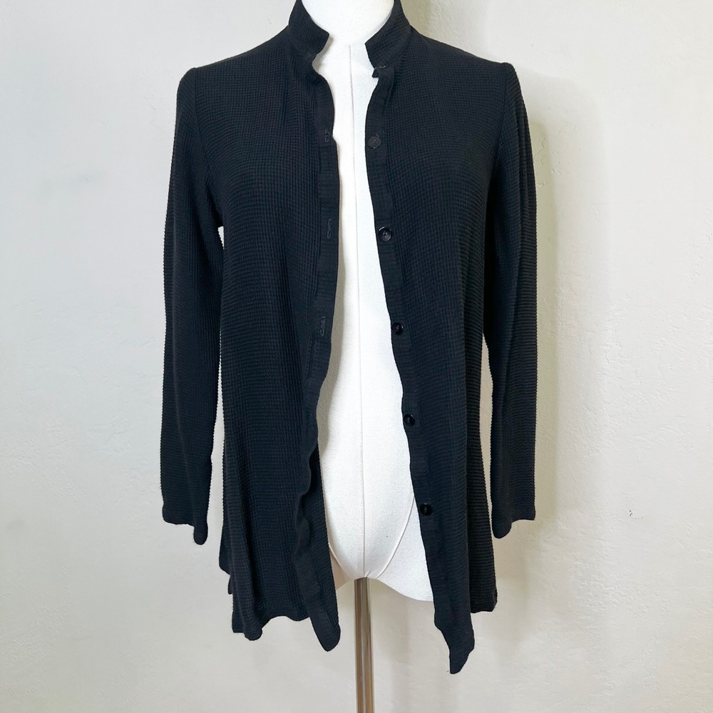 Eileen Fisher Black Waffle Knit Button Front Mandarin Collar Cardigan XS USA